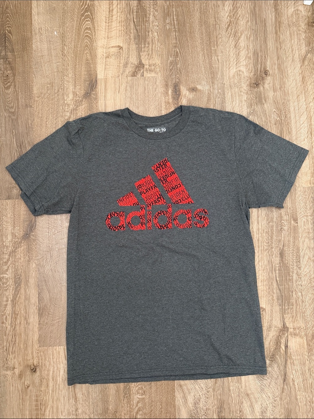 Men’s adidas Charcoal T-Shirt with Red and Black Logo, Size Large